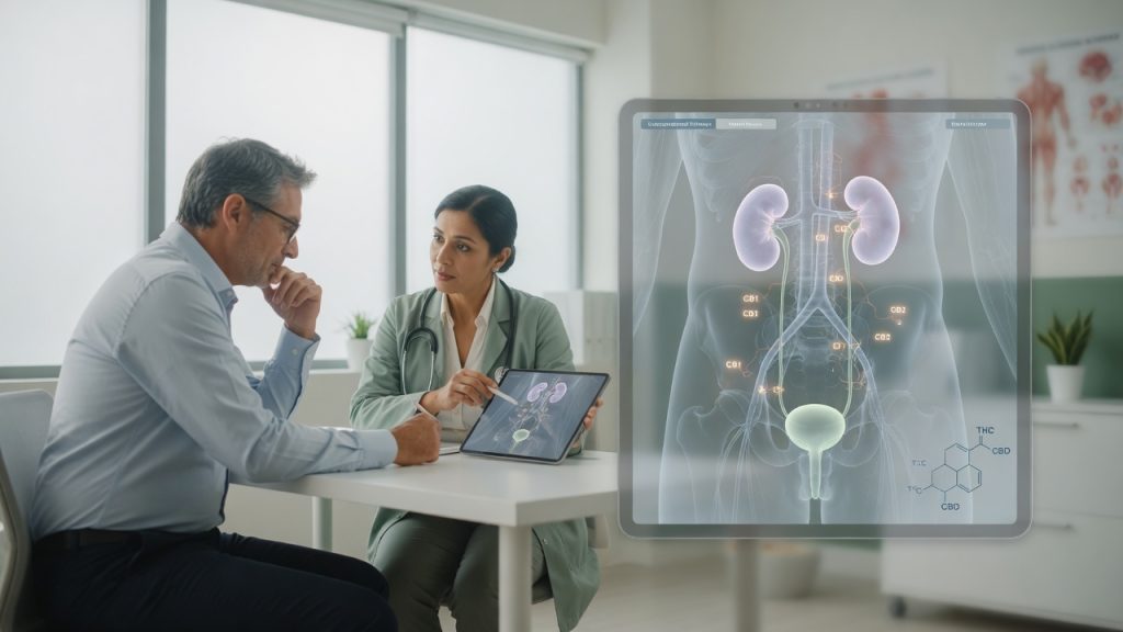 Urologist and middle-aged male patient review a translucent tablet with a subtle anatomical overlay