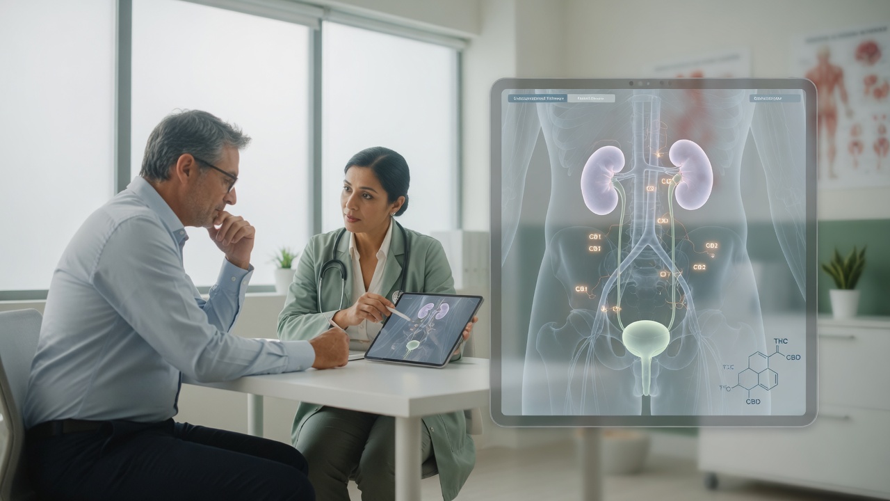 Urologist and middle-aged male patient review a translucent tablet with a subtle anatomical overlay